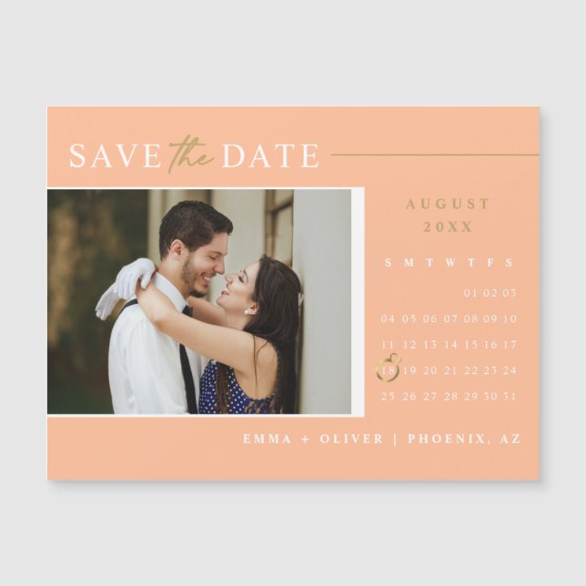 Elegantes Peach Gold Save the Date Calendar Magnet (Vorderseite)