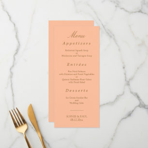 Elegantes Peach Golden Beige Wedding Menu Menükarte