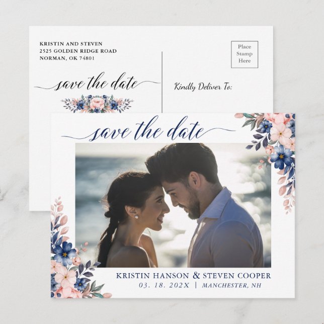 Elegantes Peach Navy Blue Floral Foto Save the Dat Postkarte (Vorne/Hinten)