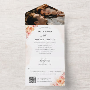 Elegantes Peach Orange Foto Hochzeit All In One Einladung