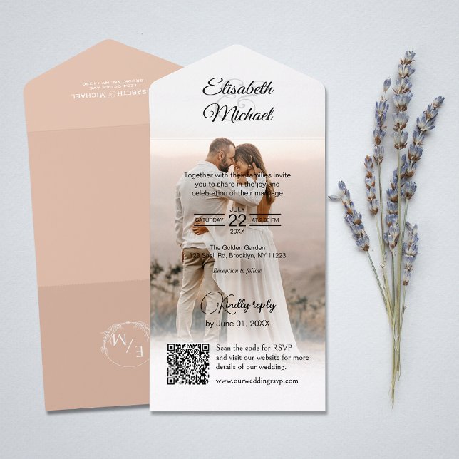 Elegantes Peach QR Code Foto Hochzeit All In One Einladung (All-in-one wedding invitation with QR code to RSVP - Simplify and save time for you and your guests.)