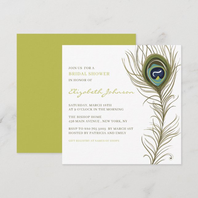 Elegantes Peacock Feather Vintages Brautparty Einladung (Vorne/Hinten)