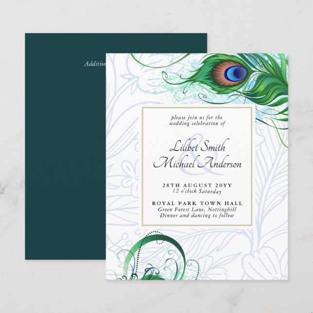 Elegantes PEACOCK FEATHER Wedding Einladungs-BUDGE (Vorne/Hinten)
