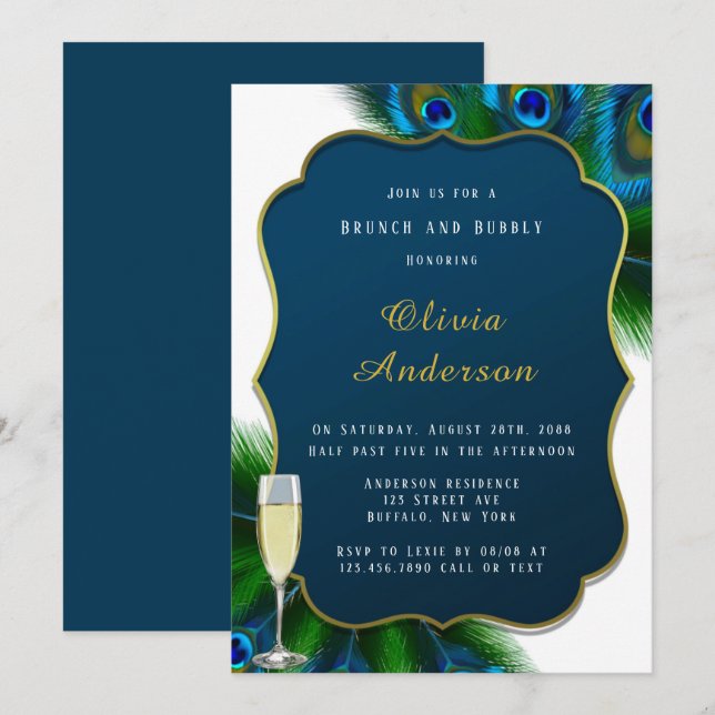 Elegantes Peacock Feathers Gold Brunch & Bubbly Einladung (Vorne/Hinten)