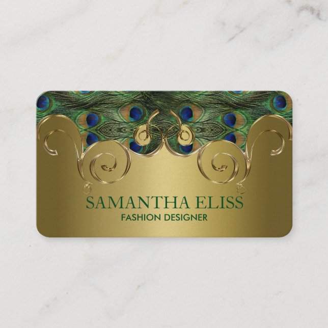 Elegantes Peacock Feathers Golden Design Monogramm Visitenkarte (Vorderseite)