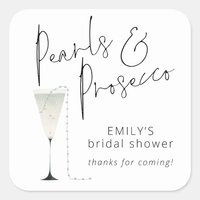 Elegantes Pearls Prosecco Brautparty Danke Quadratischer Aufkleber (Vorderseite)