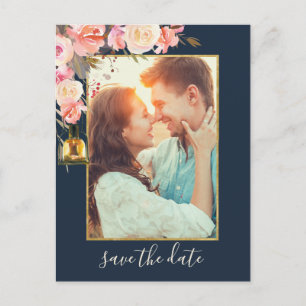 Elegantes Peonies Rustic Lanterns Navy Coral Foto Ankündigungspostkarte