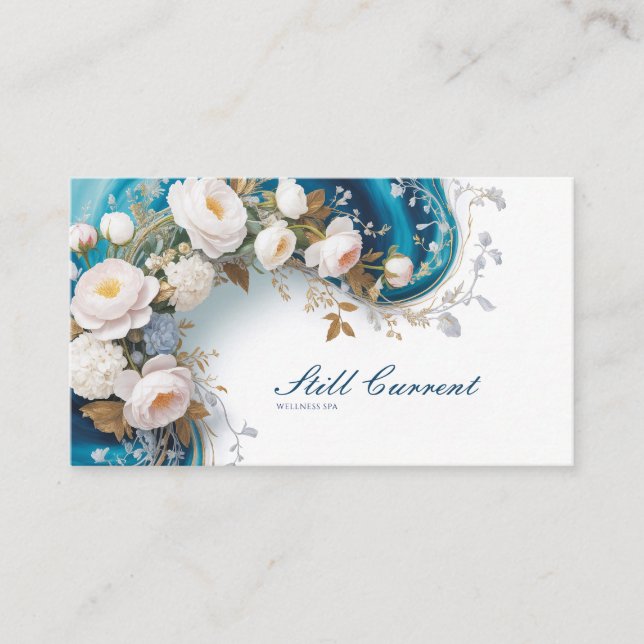 Elegantes Peony Floral Aquamarin und Gold Visitenkarte (Vorderseite)
