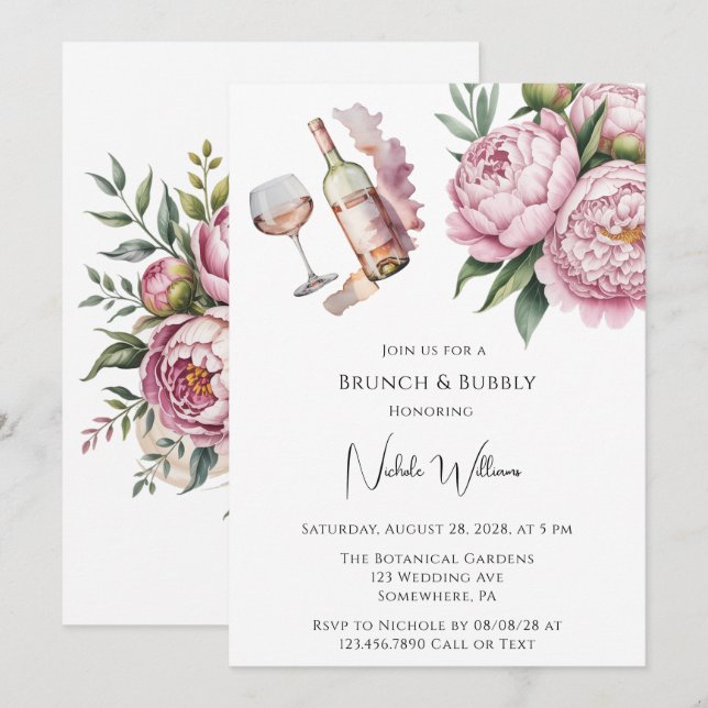 Elegantes Peony Floral Brunch & Bubbly Einladung (Vorne/Hinten)