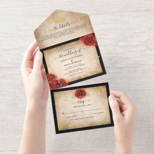 Elegantes Pergament Rot Rosen Hochzeit Echtgoldfol All-in-One-Einladung