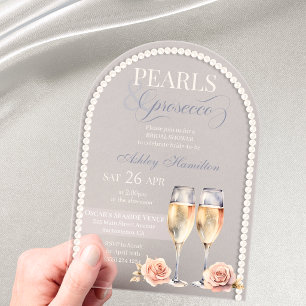 Elegantes Perlen & Prosecco Brautparty Acryleinladungen