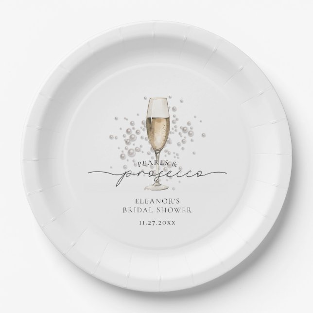 Elegantes Perlen & Prosecco Brautparty Pappteller (Vorderseite)