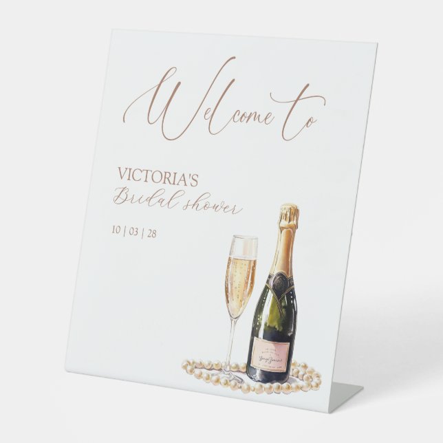Elegantes Perlen & Prosecco Brautparty Willkommen Sockelschild (Vorderseite)