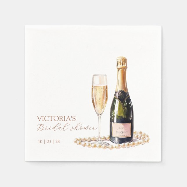 Elegantes Perlen und Prosecco-Brautparty Serviette (Vorderseite)