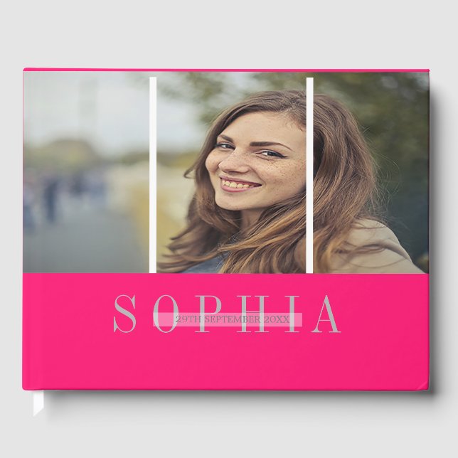 Elegantes Personal Foto Bat Mitzvah Pink Silver Gästebuch (Vorderseite)