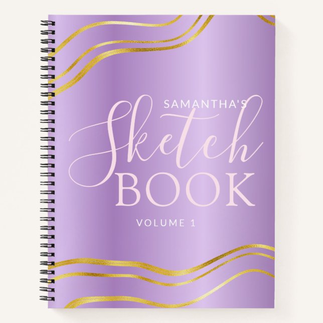 Elegantes Personalisiertes Lila Gold Girly Sketchb Notizbuch (Vorderseite)