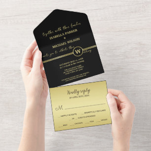 Elegantes, Personalisiertes Monogramm auf schwarz All In One Einladung