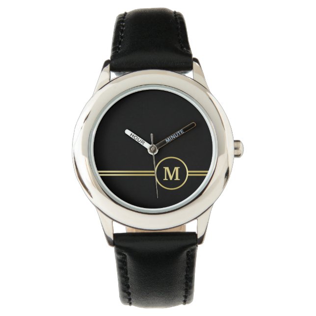 Elegantes, Personalisiertes Monogramm auf schwarz Armbanduhr (Vorderseite)