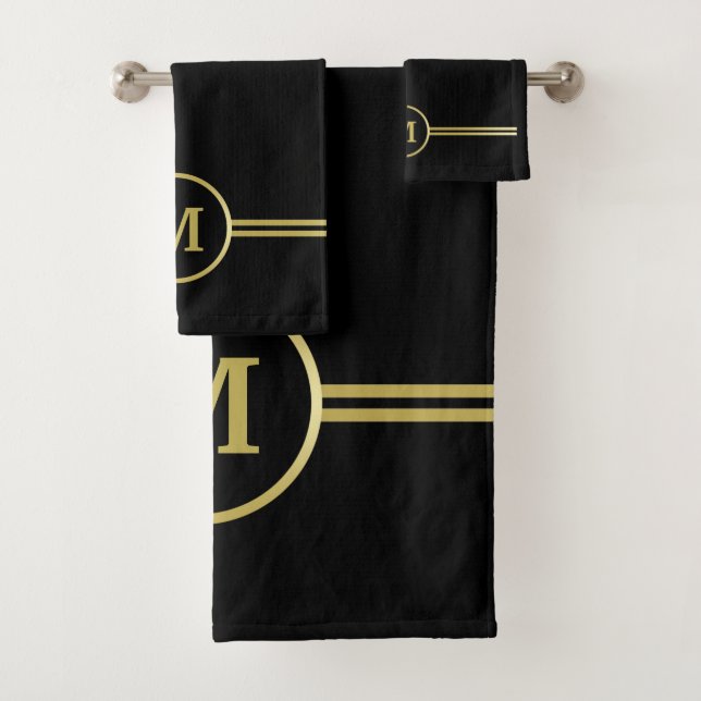Elegantes, Personalisiertes Monogramm auf schwarz Badhandtuch Set (Insitu)