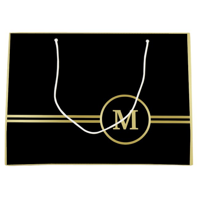 Elegantes, Personalisiertes Monogramm auf schwarz Große Geschenktüte (Vorderseite)