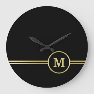 Elegantes, Personalisiertes Monogramm auf schwarz Große Wanduhr