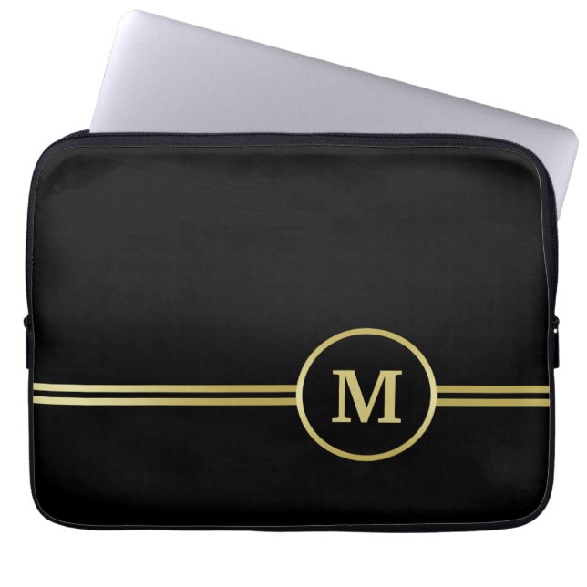 Elegantes, Personalisiertes Monogramm auf schwarz Laptopschutzhülle (Vorderseite)
