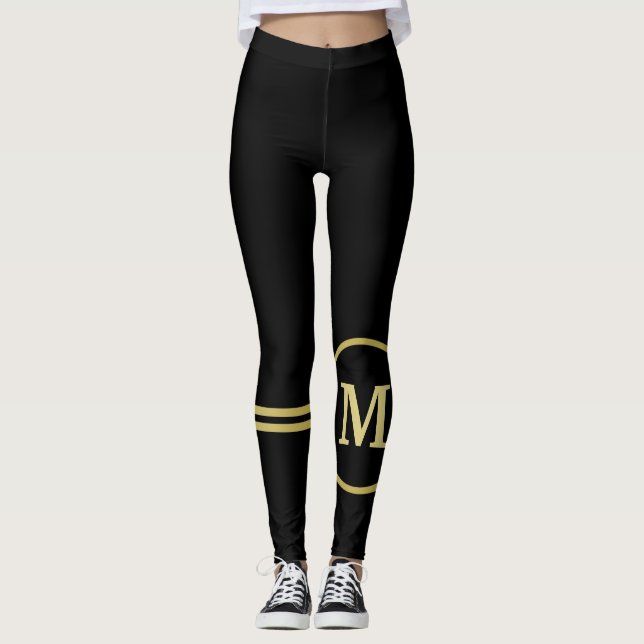 Elegantes, Personalisiertes Monogramm auf schwarz Leggings (Vorderseite)