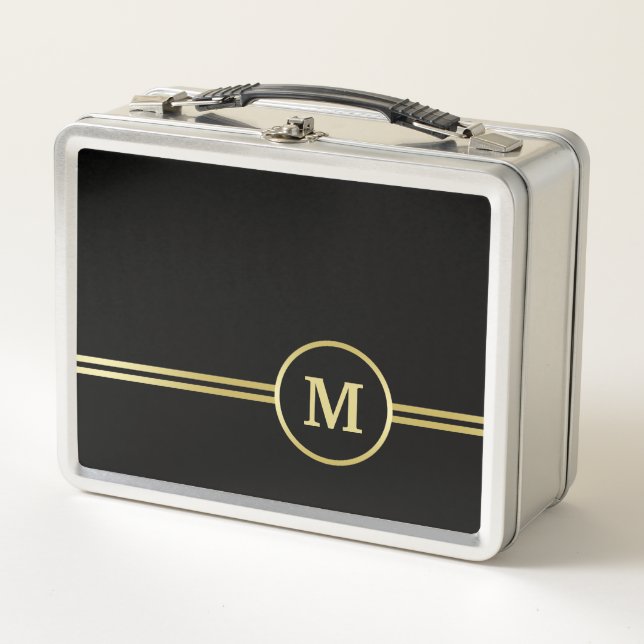 Elegantes, Personalisiertes Monogramm auf schwarz Metall Brotdose (Vorderseite)