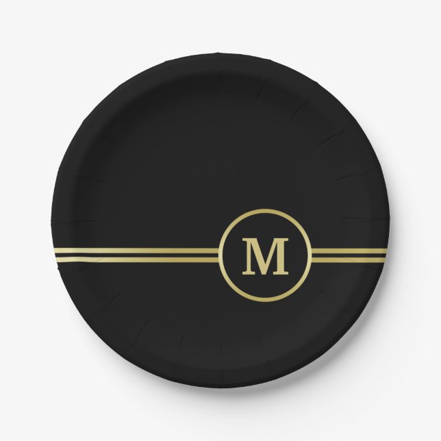 Elegantes, Personalisiertes Monogramm auf schwarz Pappteller (Vorderseite)