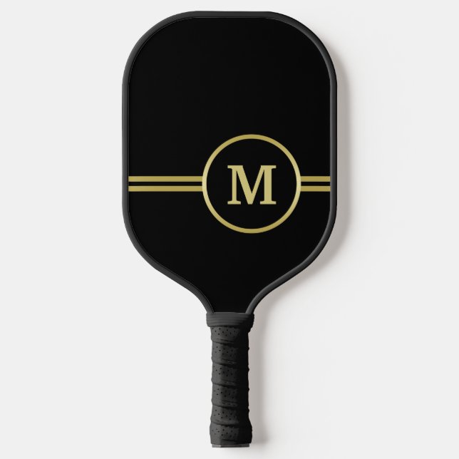 Elegantes, Personalisiertes Monogramm auf schwarz Pickleball Schläger (Vorderseite)