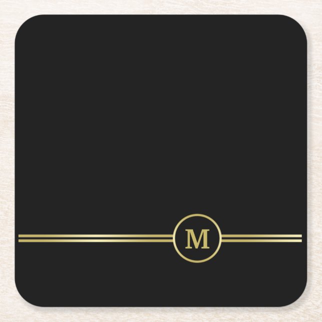 Elegantes, Personalisiertes Monogramm auf schwarz Rechteckiger Pappuntersetzer (Vorderseite)
