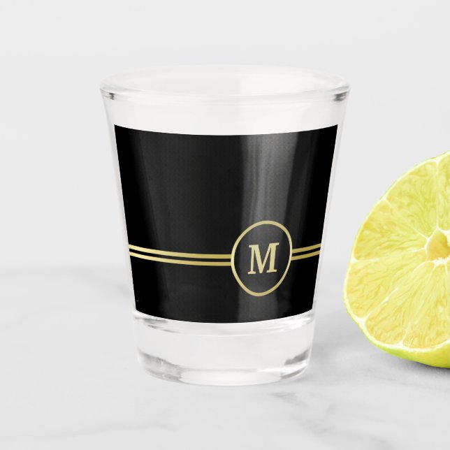Elegantes, Personalisiertes Monogramm auf schwarz Schnapsglas (Vorderseite)
