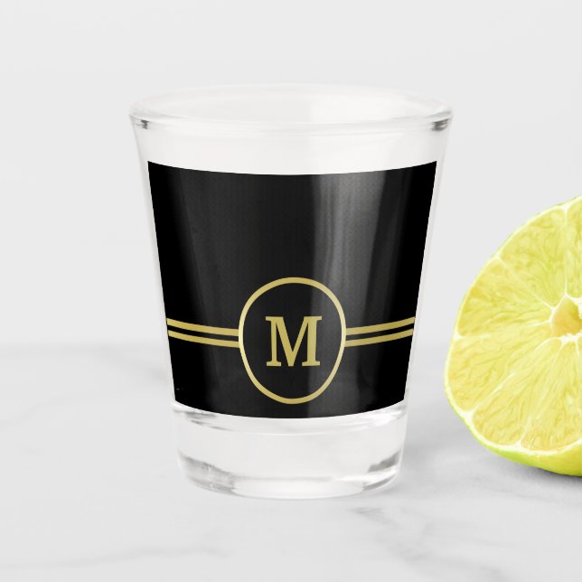 Elegantes, Personalisiertes Monogramm auf schwarz Schnapsglas (Vorderseite)