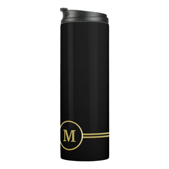 Elegantes, Personalisiertes Monogramm auf schwarz Thermosbecher (Nach rechts gedreht)