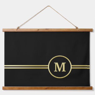 Elegantes, Personalisiertes Monogramm auf schwarz Wandteppich Mit Holzrahmen