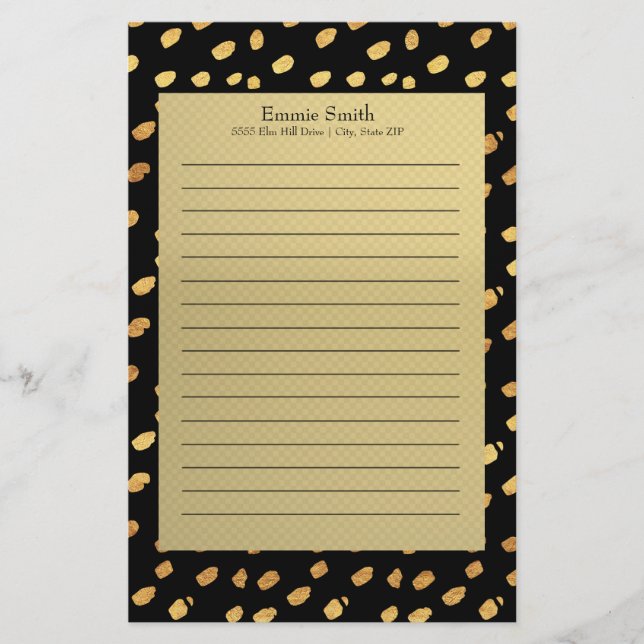 Elegantes Personalisiertes Schwarz und Gold Briefpapier (Vorderseite)