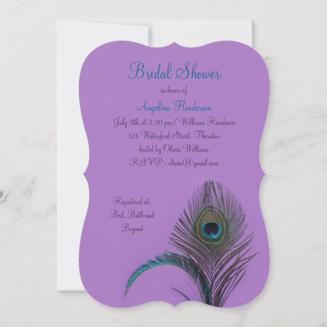 Elegantes Pfau-Brautparty (lila) Einladung (Vorderseite)