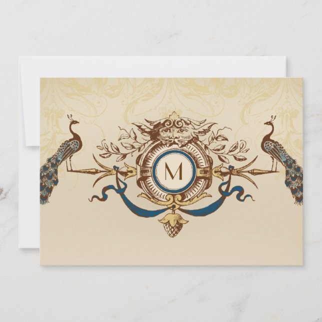 Elegantes Pfau-Monogramm-Vintage Hochzeit lädt ein Einladung (Vorderseite)