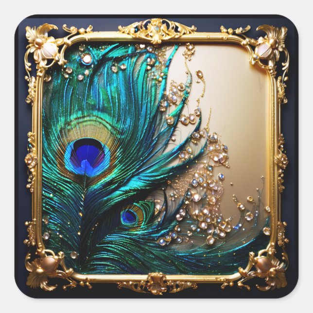 Elegantes Pfauenfeather Art Nouveau Frame Gold Quadratischer Aufkleber (Vorderseite)