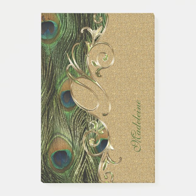 Elegantes PfauenFeathers Gold Ornament Monogramm Post-it Klebezettel (Vorderseite)