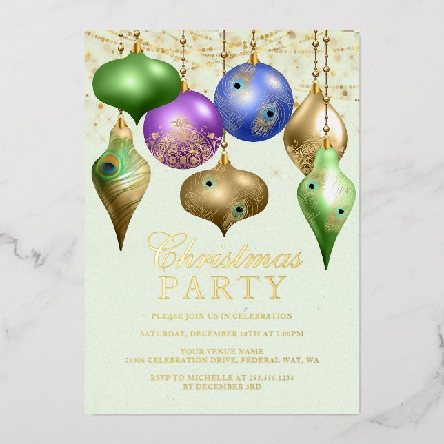 Elegantes Pfauenschmuck Weihnachts-Party Folieneinladung (Vorderseite)