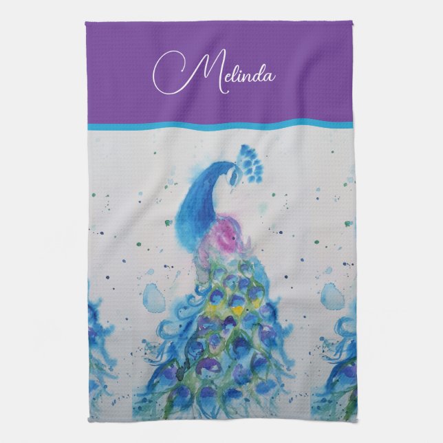Elegantes Pfauenwasser Blaue Malerei Geschirrtuch (Vertikal)