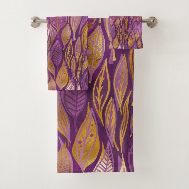 Elegantes Pflaume Lila Gold Metallic Abstrakt Foli Badhandtuch Set (Insitu)