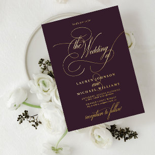 Elegantes Pflaumen-Gold Moderne Kalligrafie-Hochze Folieneinladung