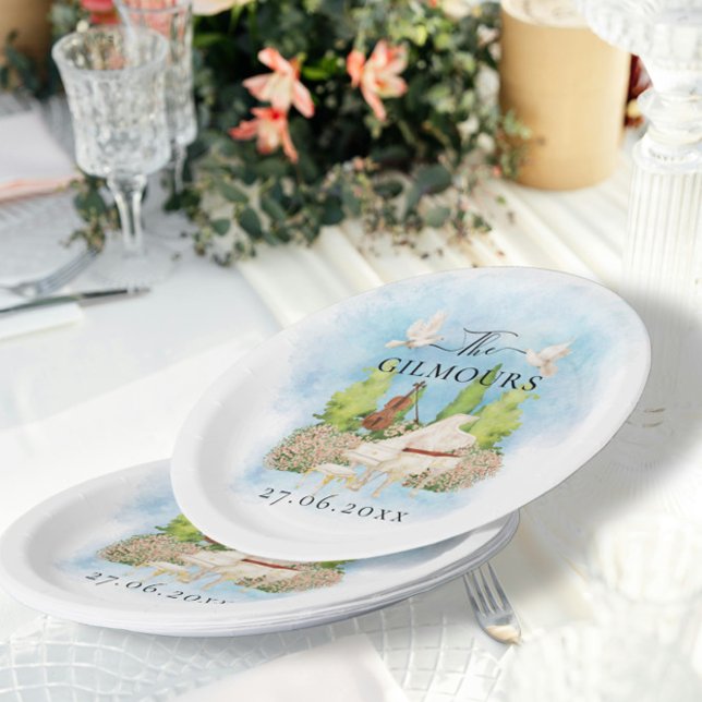 Elegantes Piano | Geige Blume taucht Hochzeit Luxu Pappteller (Von Creator hochgeladen)