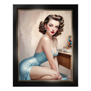 Elegantes Pin-Up-Girl-Schönheit in Satinblau-Kleid Fotodruck