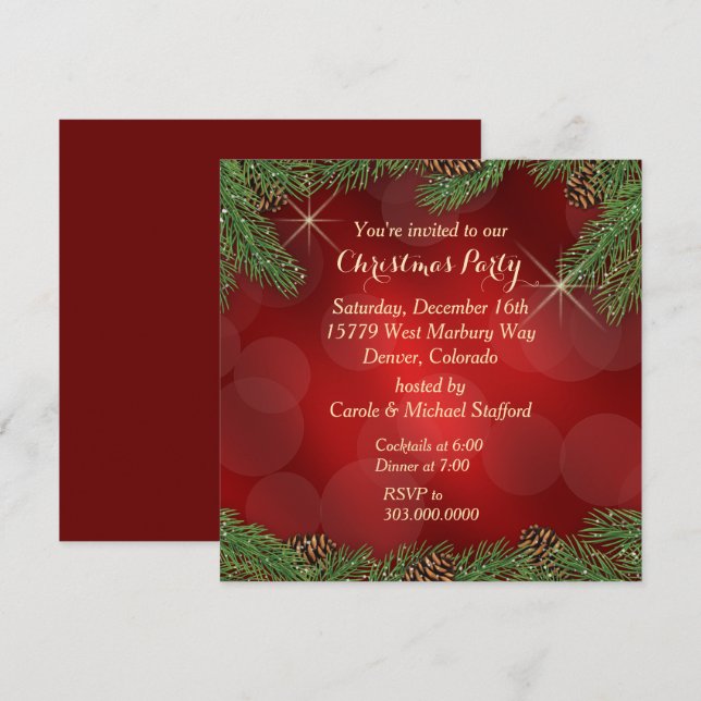 Elegantes Pine Bough Red Gold Weihnachts-Party Einladung (Vorne/Hinten)