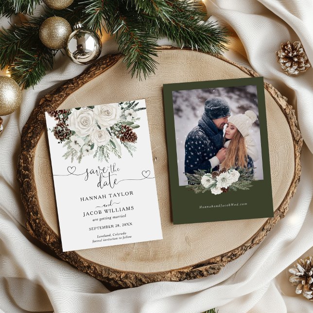 Elegantes Pine Foto Winterhochzeit Save The Date (Von Creator hochgeladen)