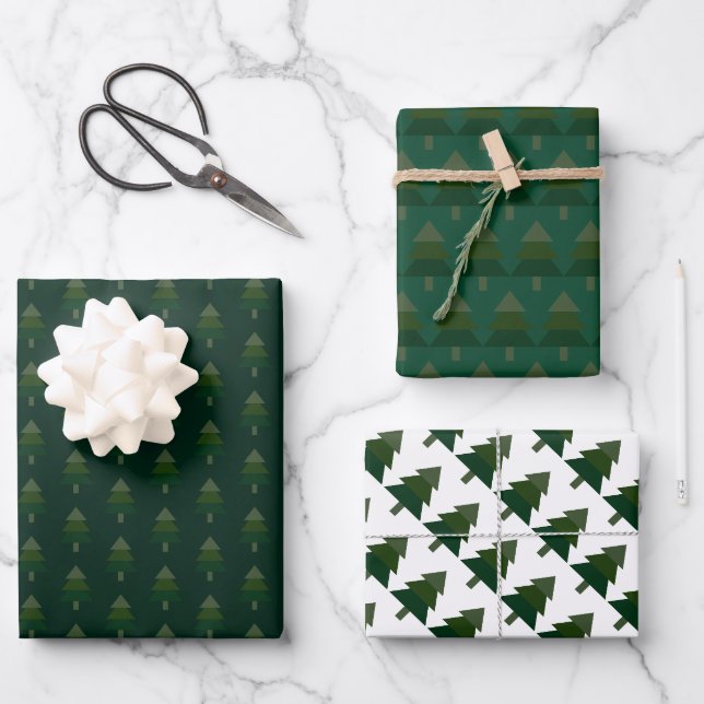Elegantes Pine Green Christmas Tree Muster Geschenkpapier Set (Vorderseite)