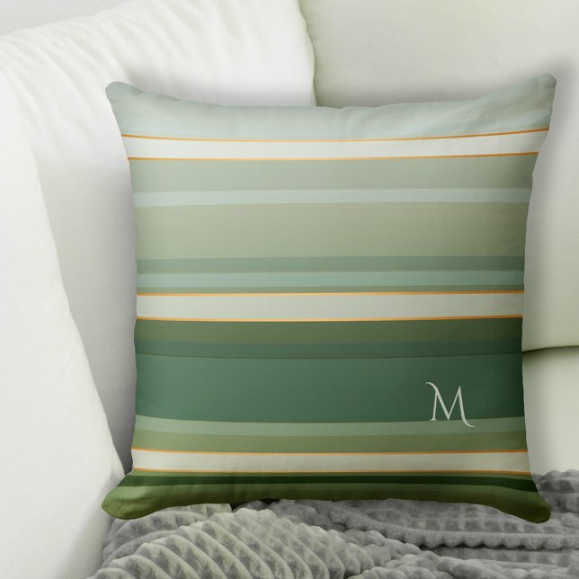 Elegantes Pine Green Striping Muster Monogram Pill Kissen (Pillow featuring an elegant striped pattern in pine green with pastel turquoise and rose gold lines)